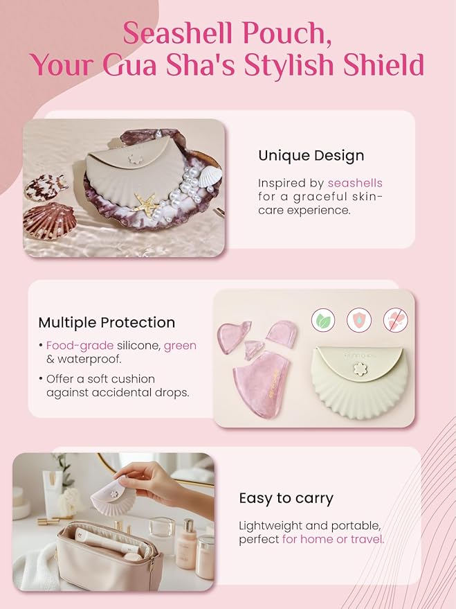 Rena Chris Gua Sha Facial Tools, Ergonomic Rose Quartz Guasha Tool for Face Massage, Manual Facial Massager Tool for Jawline Sculpting and Puffiness Reduction with Silicone Case (Pink)