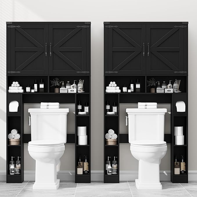 Over The Toilet Storage Cabinet, Farmhouse Storage Cabinet Over Toilet with 2 Barn Doors ，Toilet Paper Holder Stand，Home Space-Saving Toilet Rack, for Laundry, Restroom, Bathroom.Black
