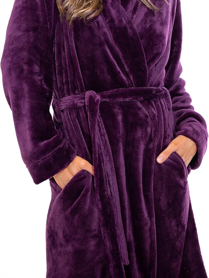 Turquaz Robes For Women, Womens Fleece Shawl Collar Soft Plush Knee Length Spa Robe