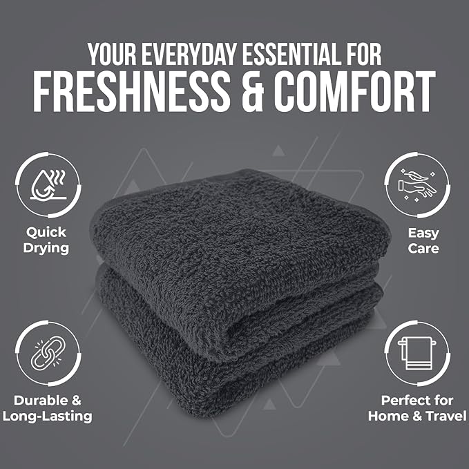 DAN RIVER 100% Cotton Wash Cloths 24 Pack [12x12] Soft & Absorbent wash Rags for Bathroom, Gym, Hotels & Spa Perfect for Everyday Use Fingertip Towels, Dark Gray