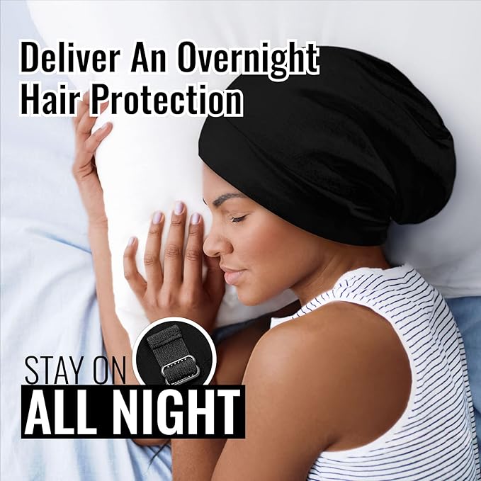 PARISBELLA Satin Lined Sleep Cap Bonnet for Curly Hair and Braids, Stay On All Night Wrap with Adjustable Strap for Women and Men, Black, Pack of 1
