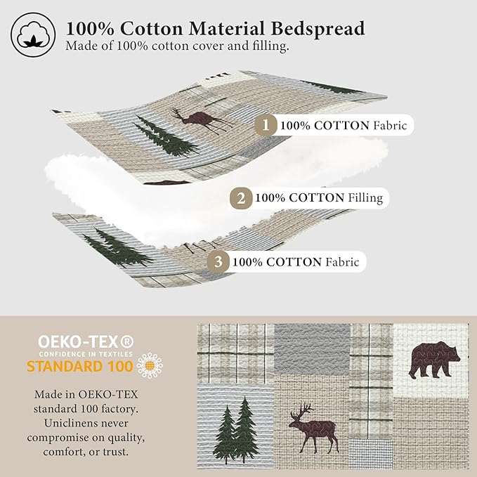 Uniclinens Quilt Set Queen Size, Cotton Quilted Quilt Bedding Set Bedspread, Bear Tree Elk Farmhouse Rustic Quilt, Patchwork Plaid Comforter Set, 3 Pieces Set with 2 Pillowshams, Brown/Grey/Green