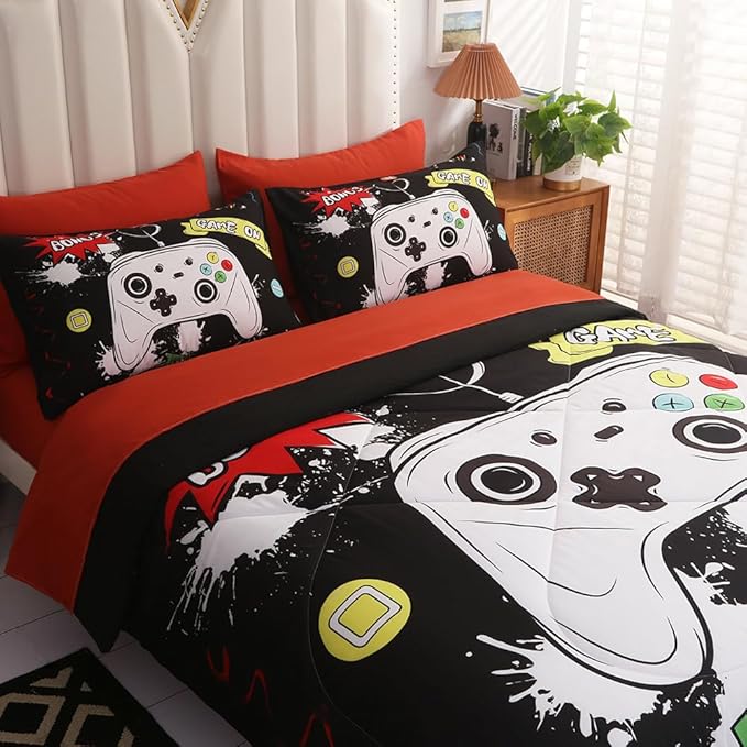 Wajade Kids Game Comforter Set Bed in A Bag Full Size 7 Piece 3D Colorful Video Game Controller Bedding Set for Boys Girls (1 Comforter, 1 Flat Sheet, 1 Fitted Sheet, 2 Pillowcase and 2 Pillow Sham)