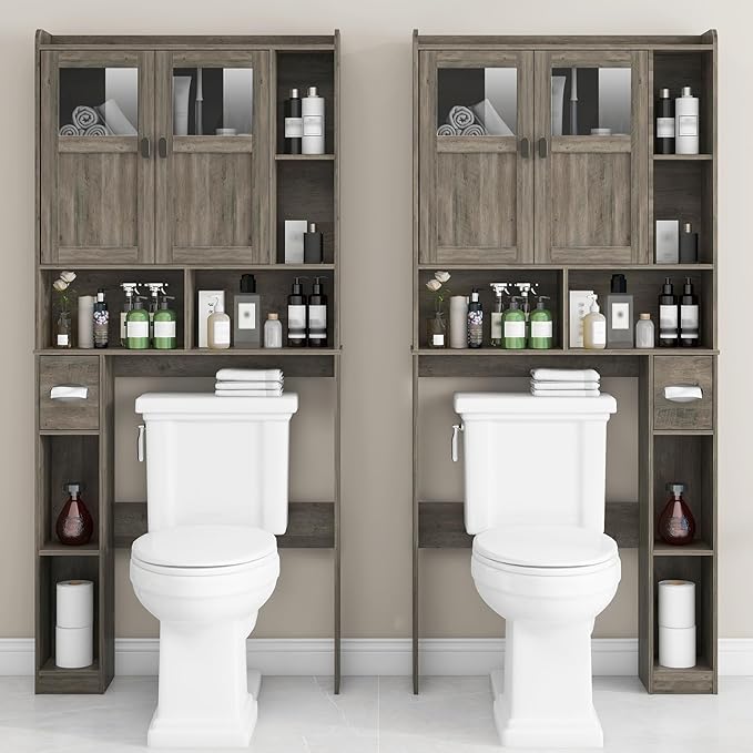 Vabches Over The Toilet Storage Cabinet, Bathroom Shelf Over Toilet with Glass Doors and Adjustable Shelves, Grey Freestanding Home Space Save Toilet Rack, for Restroom, Bathroom, Laundry
