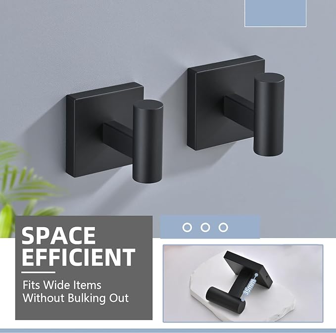 Matte Bathroom Hardware Set, Toilet Paper Holder with 2 Square Towel Hooks, 3PCS SUS 304 Stainless Steel Set, Wall Mounted, Rust Resistant, Modern Fingerprint-Free Finish (Black)