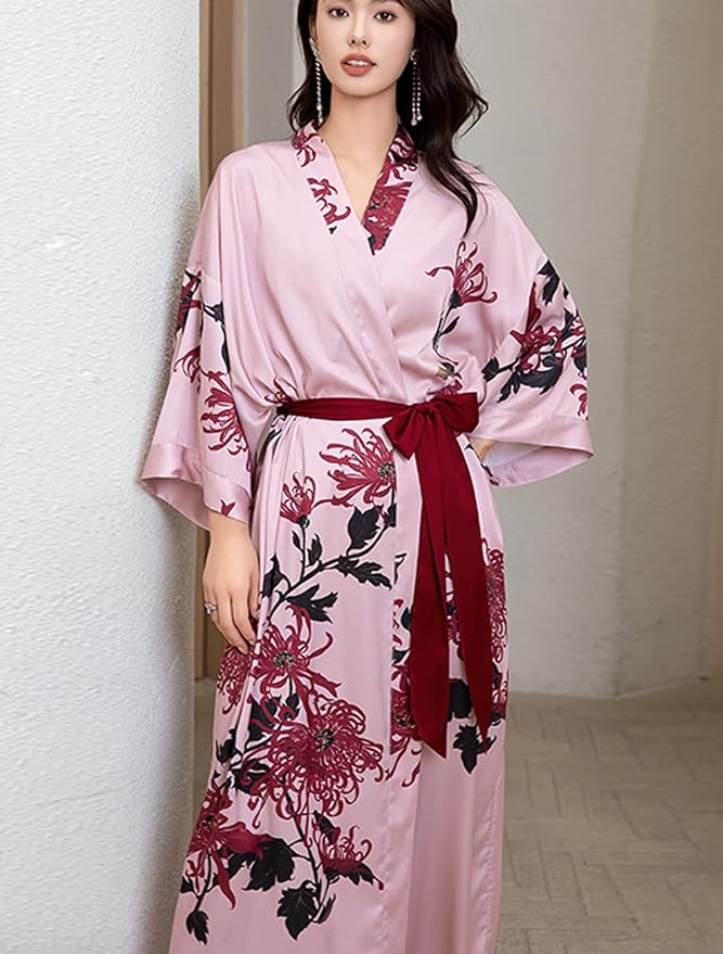 Silk Satin Robe for Women Long Japanese Kimono Robe Lightweight Soft Bathrobe Floral Luxury Dressing Gown