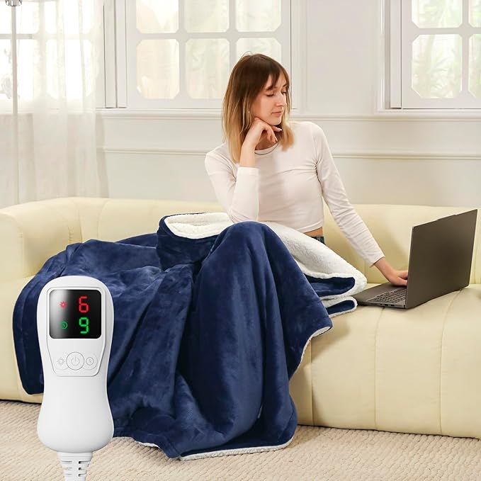 Heated Blanket Electric Blanket Throw Size, Super Soft Cozy Upgraded Flannel Heating Blanket with 9 Heating Levels & 1-9 Hours Auto Off, Fast Heating & Overheat Protection, 50" x 60", Blue
