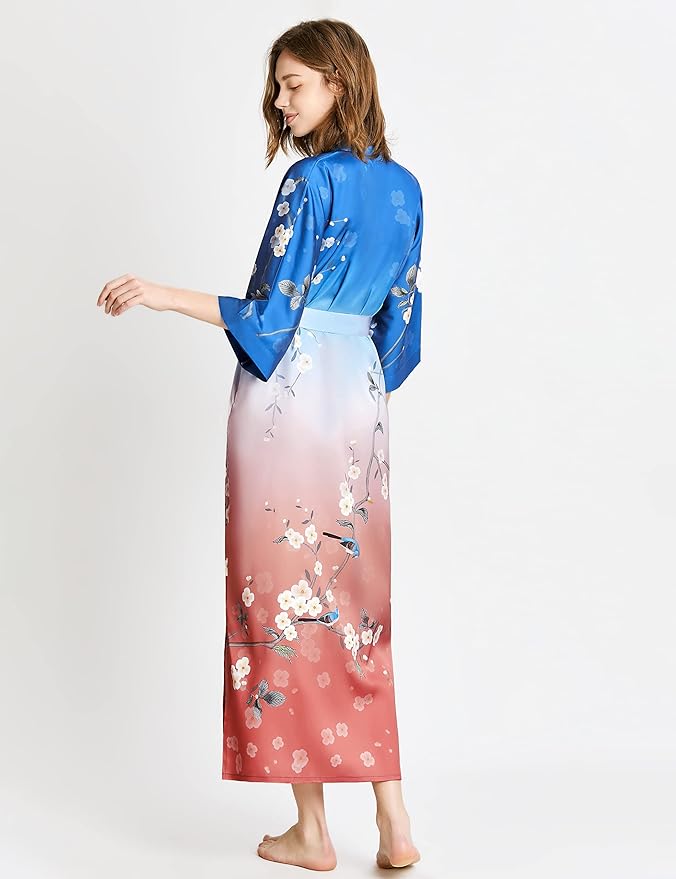 PRODESIGN Kimono Robe for Women - Long Satin Sleepwear Silky Kimono Cover-Up Nightgown Japanese Bathrobe Loungewear Blouse