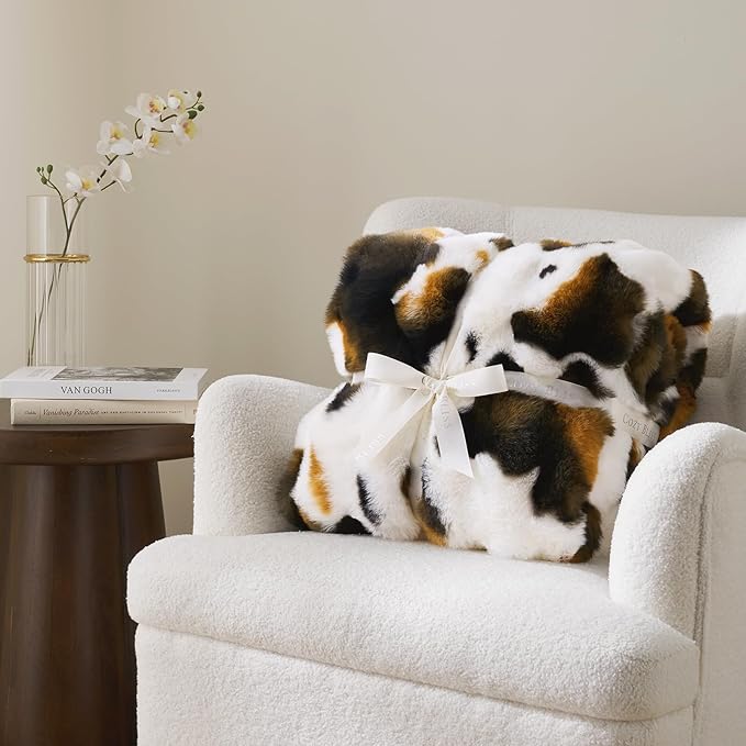 Cozy Bliss Cow Print Faux Fur Throw Blanket for Couch, Fuzzy Soft Plush Thick Bubble Blanket for Sofa Bedroom Living Room, 60x80 Inches