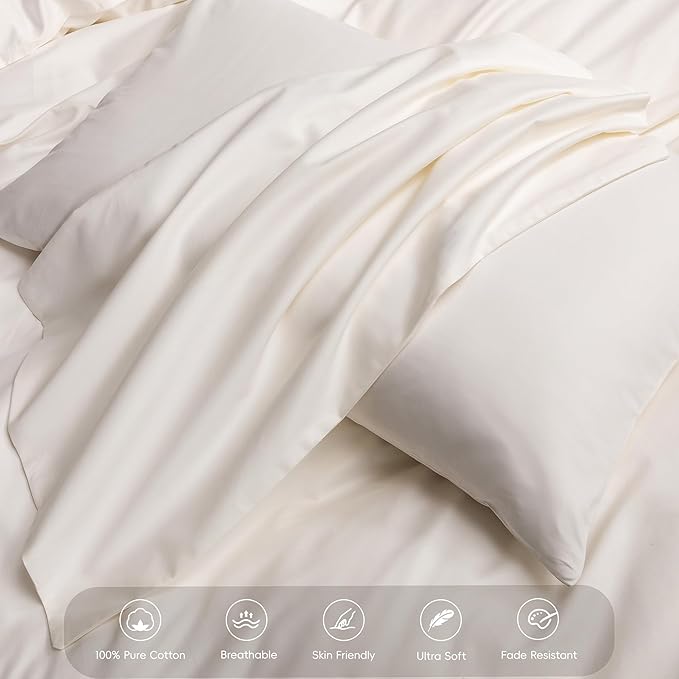 MooMee Duvet Cover Set 100% Extra Long Staple Cotton 600 Thread Count Silky Sateen Smooth Luxury Soft Breathable Durable Hotel Quality Bedding, 3 Pieces (Creamy White, King 104"x90")