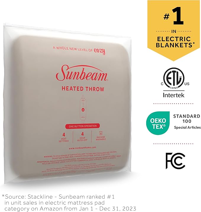 Sunbeam Ultimate Cozy Royal Posh Velvet Hand & Foot Pocket Heated Throw Electric Blanket, 50" x 72", 4 Heat Settings, 4-Hour Auto Shut-Off, Warming Throw for Couch or Bed, Machine Washable, Stone Buff