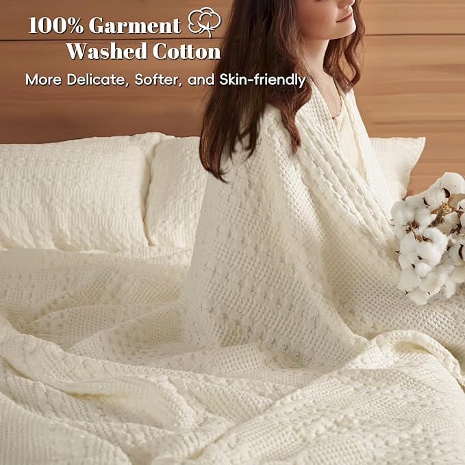 PHF 100% Cotton Waffle Weave Blanket Queen Size for Bed, Soft Lightweight & Breathable, All-Season Comfort, Luxury Aesthetic Woven Bedding for Home Decor, 90"x90", Cannoli Cream