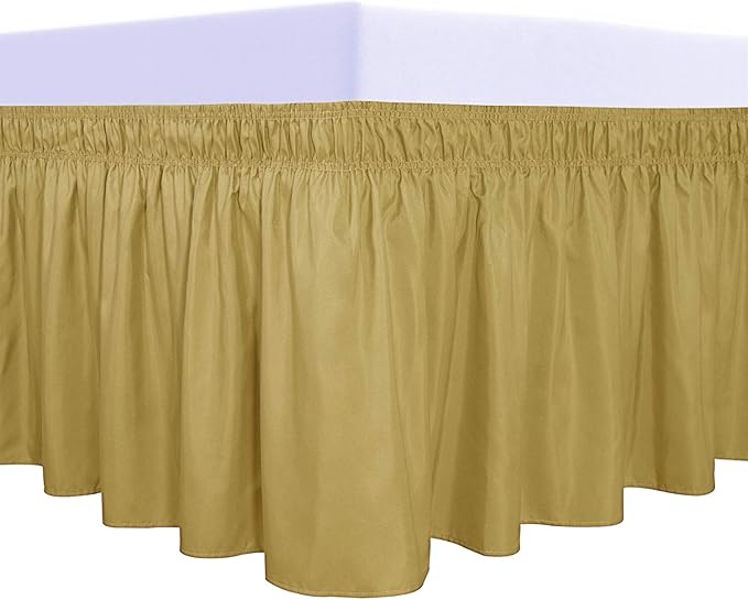 PureFit Wrap Around Ruffled Bed Skirt with Adjustable Elastic Belt - 14 Inch Drop Easy to Put On, Wrinkle Free Bedskirt Dust Ruffles, Bed Frame Cover for Queen, King and C-King Size Beds, Gold