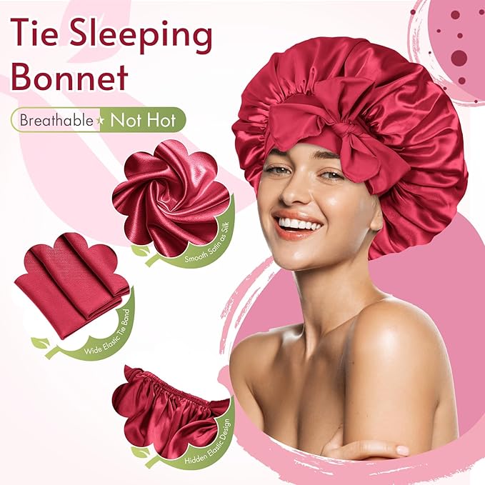 BONNET QUEEN Satin Bonnet Silk Bonnet for Sleeping Women Hair Bonnet Night Sleep Cap Scarf Wrap for Curly Hair with Tie Band Red Burgundy