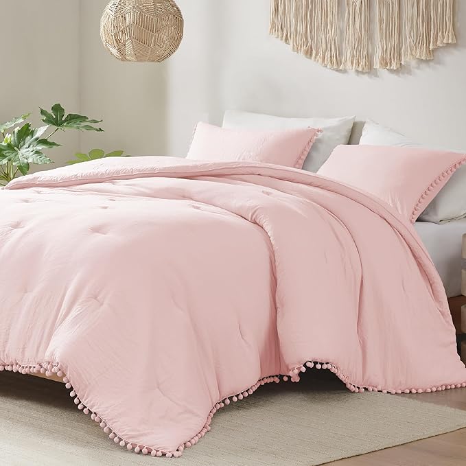 Codi Blush Full/Queen Comforter Set - Boho Aesthetic Bedding with Luxurious Pom Fringe, Soft Washed Microfiber 3pc Set for Adults, Couple-Friendly Lightweight Design, 1 Comforter & 2 Pillow Shams