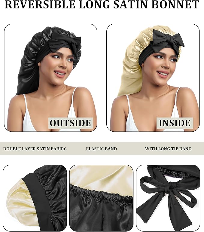 AWAYTR Long Satin Bonnet for Sleeping - Double Layer Reversible Silk Bonnet for Long Hair Women Sleeping Cap with Tie Band