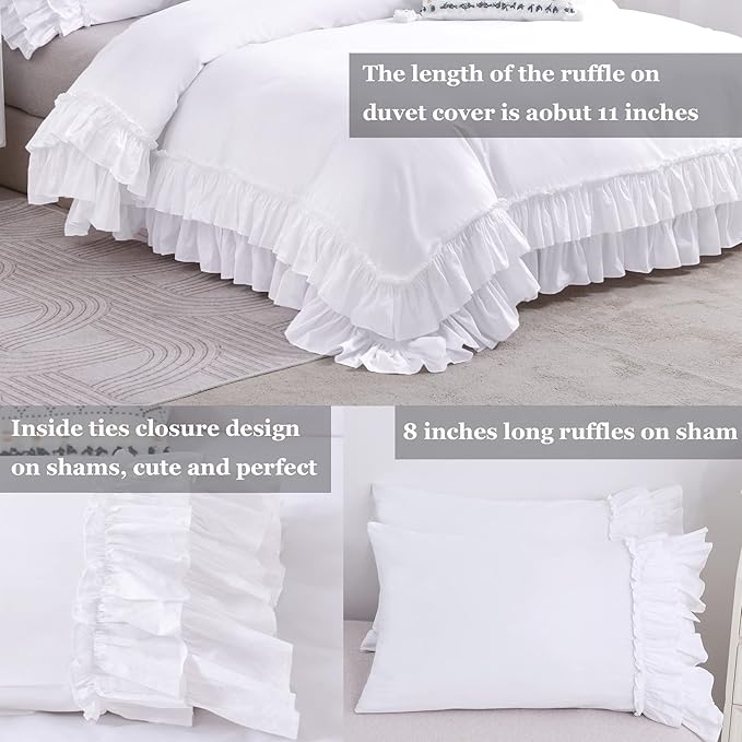 QSH Ruffle White Duvet Cover King Size-Washed Cotton Shabby Farmhouse Chic Ruffled Bedding 3pcs(1 Soft Linen Feel Cotton Duvet Cover +2 Ruffle Pillowshams) Aesthetic French Country King Bedding