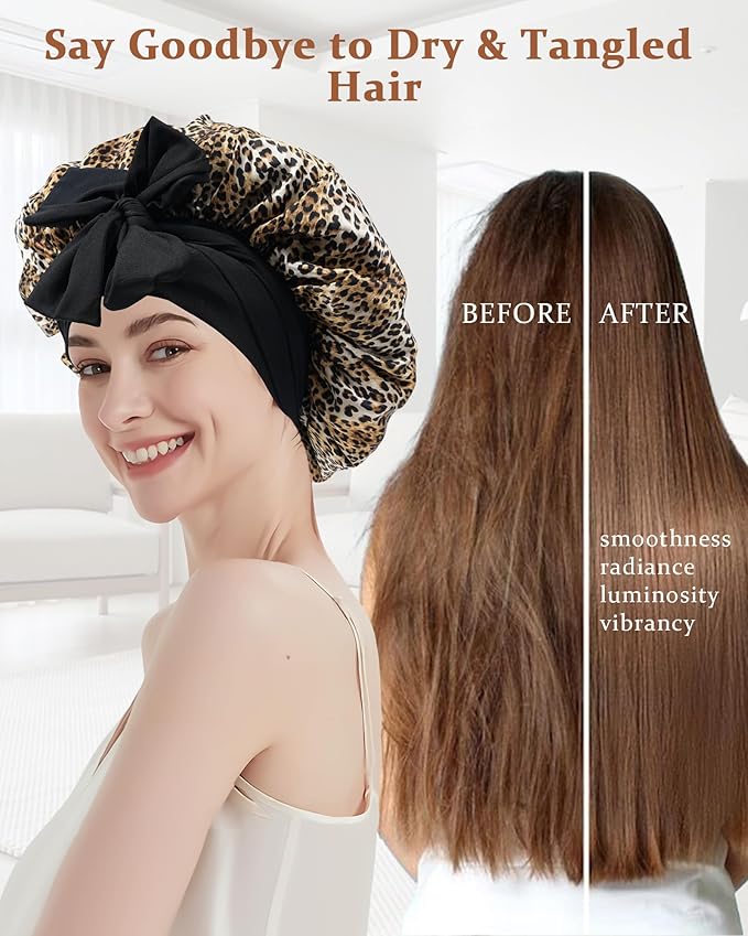 100% Mulberry Silk Bonnet for Sleeping Women Double Layer Silk Hair Bonnet Natural Sleep Cap with Elastic（Black + Leopard）