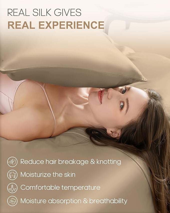 THXSILK Set of 2 100% Mulberry Silk Pillowcase for Hair and Skin, Grade 6A+ Mulberry Silk Pillow Cases 22 Momme, Hypoallergenic Pillow Case Cover with Zipper (Queen 20"x30", Taupe)
