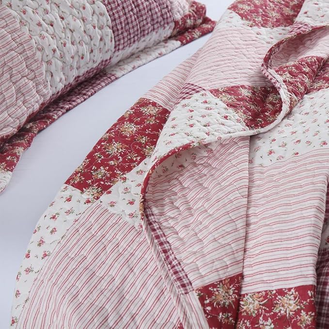 ENASAL Cotton Bedspread Quilt Bedding Sets Reversible Coverlet Sets Comforters Plaid Floral Red White Patchwork Pattern Bedspread for All Season, King Size