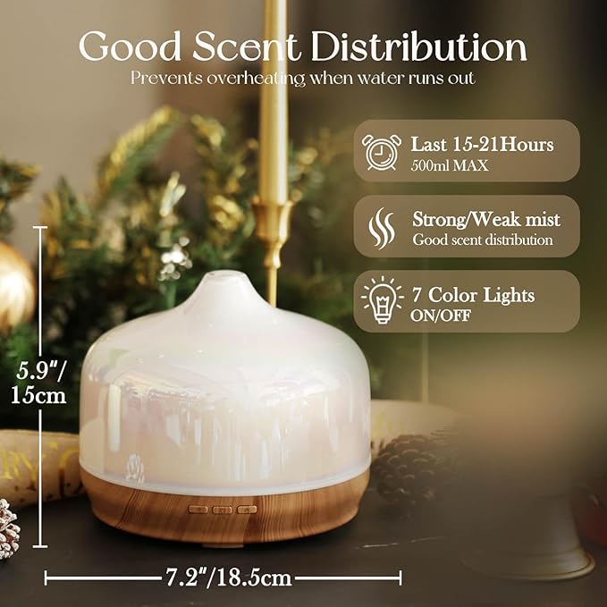 Porseme 500ml Glass Essential Oil Diffuser Aromatherapy Ultrasonic Cool Mist Humidifier 15-21 Running Hours Waterless Auto-Off Air Diffusers for Sleeping Yoga Office Working Spa and Rest (White Jade)