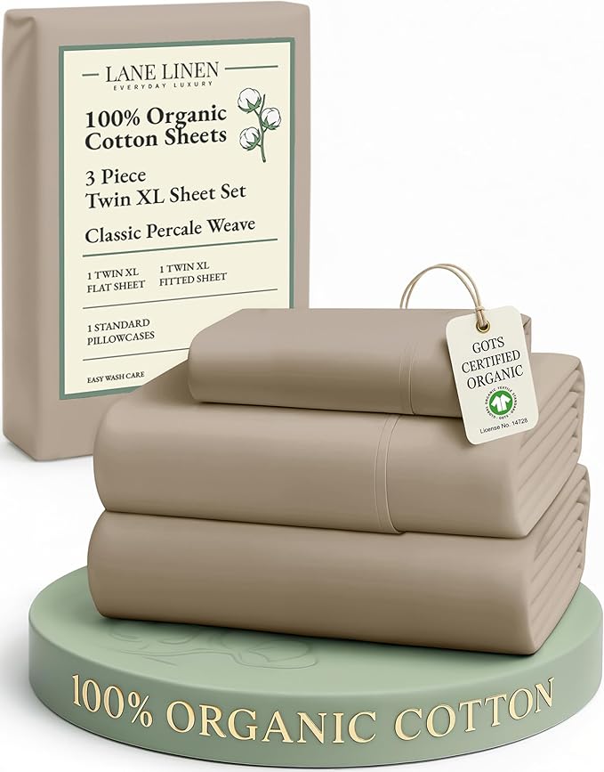 LANE LINEN 100% Organic Cotton Twin XL Sheets Set, Fully Elasticized Bed Sheets Set Twin XL Size Perfetct for Hospital beds, Deep Pocket Soft & Comfy Sheets Set Twin XL Size-Taupe