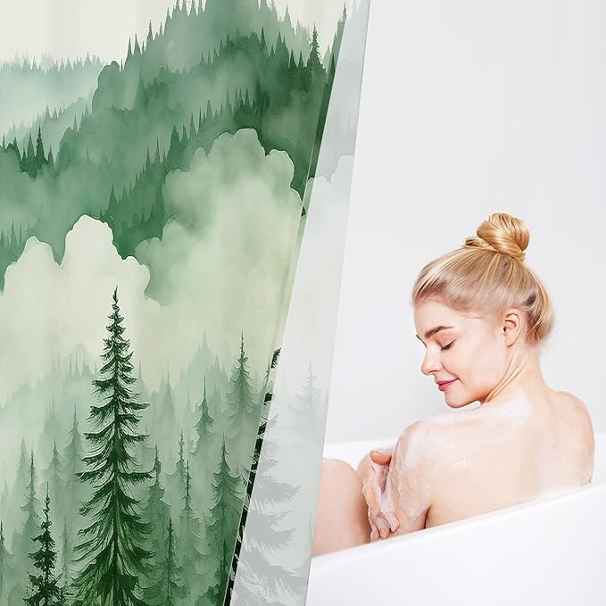 Green Small Stall Misty Pine Forest Shower Curtain 36 x 72, Mountain Foggy Woodland Scenery Tree Narrow Half Size Shower Curtains for Bathroom, Abstract Waterproof Nature-Themed Decor