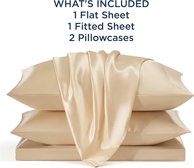 Bedsure Satin Sheets Full Size - 4 Piece Silky Bedsheets with 15 Inches Deep Pocket Fitted Bedsheet,1 Flat Sheet, 2 Satin Pillowcases, Good for Hair & Skin (Full, Champagne)