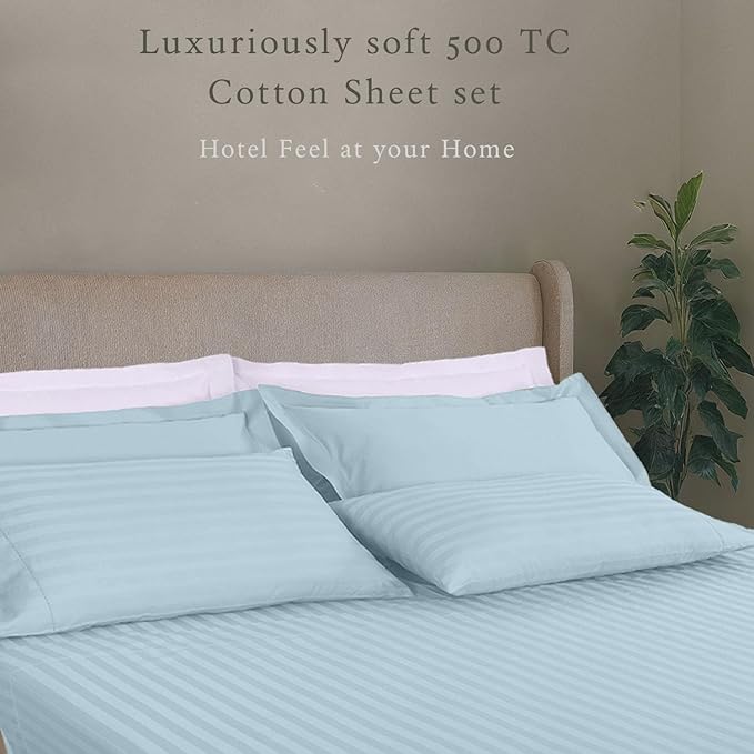 Threadmill 500 Thread Count King Size Damask Stripe, 4 Pc Luxury Cotton Bed Sheet Set, Breathable Light Blue Sheets with 16" Elasticized Deep Pocket, 2 Pillowcases & Free Tote Bag