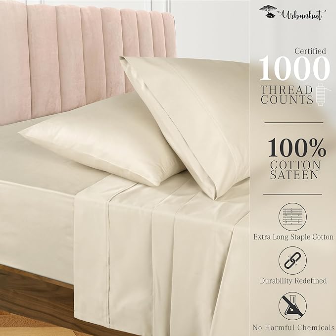 URBANHUT 1000 Thread Count Egyptian Cotton Twin Sheets, Long Staple Soft & Breathable, 3 Pc Bed Sheet Sets, Luxury Hotel Sateen Sheets Fits 16" Deep Pocket - Ivory