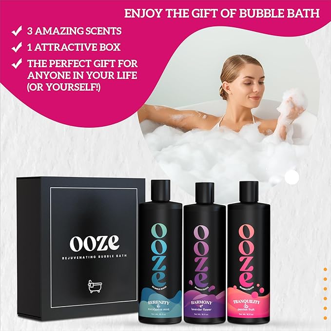 OOZE Bubble Bath Set for Women (16oz ea) Lavender, Eucalyptus & Passion Fruit - Bath and Body Spa Gift Set, Spa Gift for Her - Zero Parabens, Cruelty-Free, Made in The USA