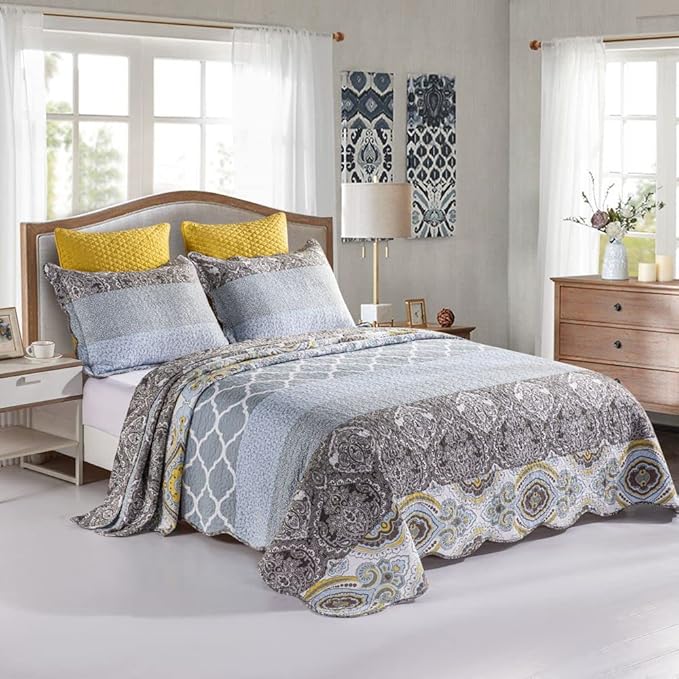 YAYIDAY Quilts Queen Size Patchwork Bedspread Set - 100% Cotton Reversible Breathable Grey Quilted Quilt with Pillow Shams Fit All Seasons