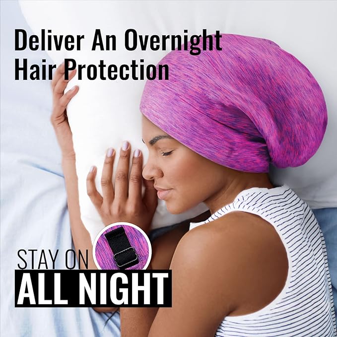Satin Lined Sleep Cap Bonnet for Curly Hair and Braids, Stay On All Night Hair Wrap with Adjustable Strap for Women and Men, Purple and Pink, Pack of 1