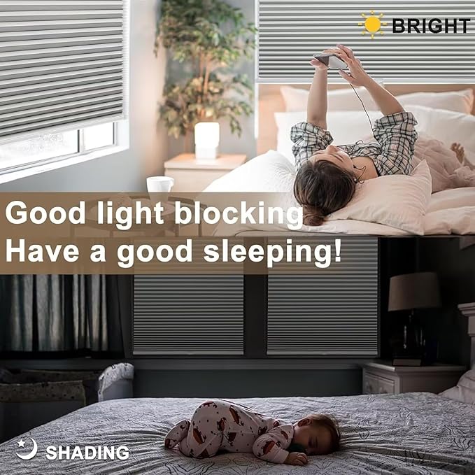 MYshade 1.5-Inch Cellular Cordless Blackout Shades,Thermal Insulating Noise Reducing Waterproof Blinds,Honeycomb Window Treatments for Indoor Light Control (Grey-37 W x 64" H)