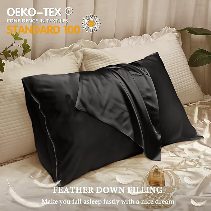 BHZ Satin Goose Down Feather Pillows Standard Size with Black Satin Pillowcase for Hair and Skin, Cooling Pillow Cases Similar to Silk Pillow Cases, Decorative for Women, Mom Men