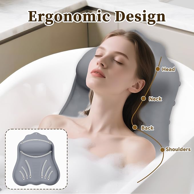 Silicone Bath Pillow for Tub Adults, 4D Air-Cushion Bathtub Pillow for Head Neck and Back Support, Non-Slip Suction Cups, Quick-Drying Waterproof Spa Pillow, Easy to Clean & Store (Gray