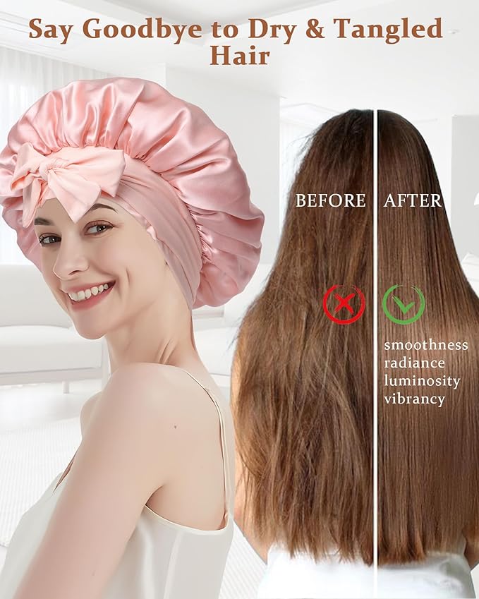 100% Mulberry Silk Bonnet for Sleeping Women Double Layer Silk Hair Bonnet Natural Silk Sleep Cap with Elastic Reversible Hair Wrap (Pink+Beige)