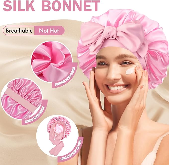 Silk Bonnet for Sleeping Women, Adjustable Soft Satin Lined Bonnet with Tie Band, Double Layer Sleep Night Cap