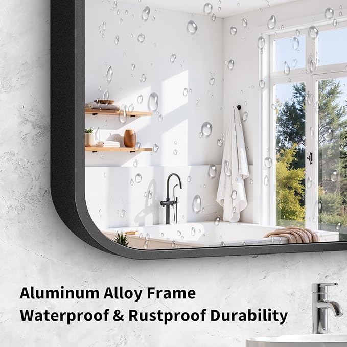 Koonmi Black Framed Bathroom Mirror - 30x50 Inch Shatterproof Tempered Glass Vanity Mirror for Bathroom Sink, Wall Mounted with Matte Aluminum Alloy Frame, No Distortion, Modern Decor