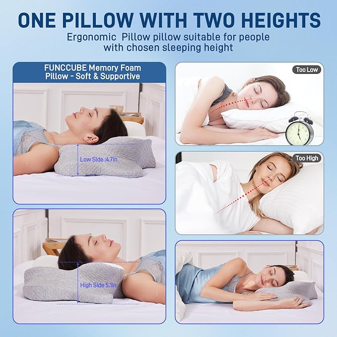 Cervical Neck Pillow for Sleeping, Dual Height Contour Memory Foam Pillow for Neck Pain Relief & Support, Orthopedic Butterfly Pillow for Side, Back & Stomach Sleepers – Cooling Washable Cover