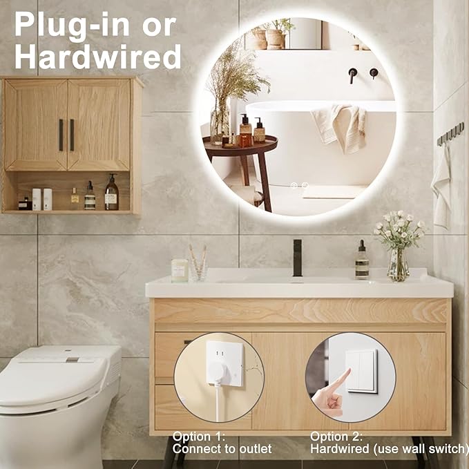 24 Inch Round LED Bathroom Mirror Backlit Anti-Fog 3 Colors Light Dimmable Wall Mounted Lighted Bathroom Vanity Mirror Smart Makeup Mirror with Touch Switch
