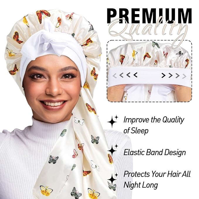 2Pcs Bonnets for Black Women Braid Bonnet, Large Long Satin Bonnet for Braids, Silk Bonnet with Stretchy Tie Band Sleep Cap Hair (2Pcs-Black-Silver Pattern)