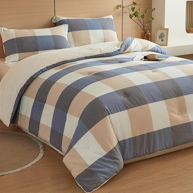 100% Cotton Comforter Set Queen Size – Reversible Yarn-Dyed Checkered Design, Soft Washed Cotton on Both Sides, Lightweight All-Season Bedding, Machine Washable(Blue White Plaid, 90”x90”)