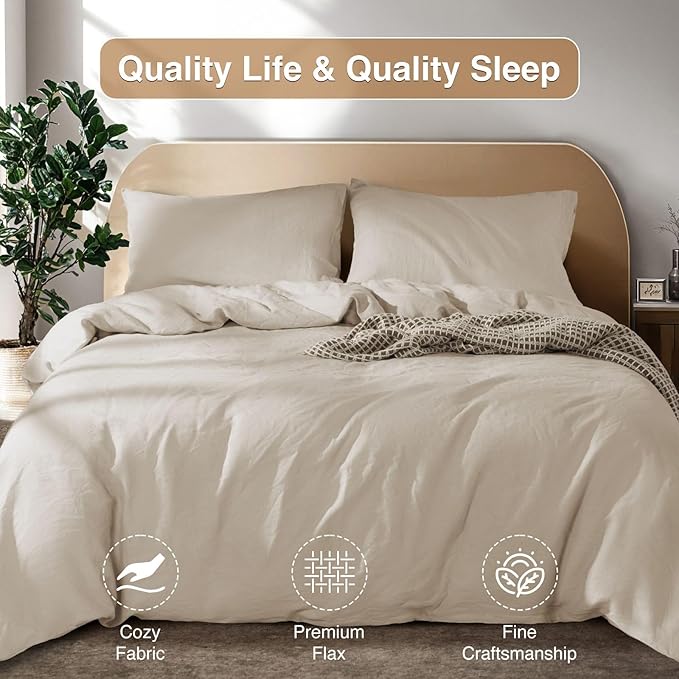 SONORO KATE 100% French Linen Duvet Cover, Soft Breathable for Hot Sleepers, Moisture Wicking & Durable Cover Set - Zipper Closure & 4 Corner Ties Duvet Covers 3 Piece (Linen,Cal King)