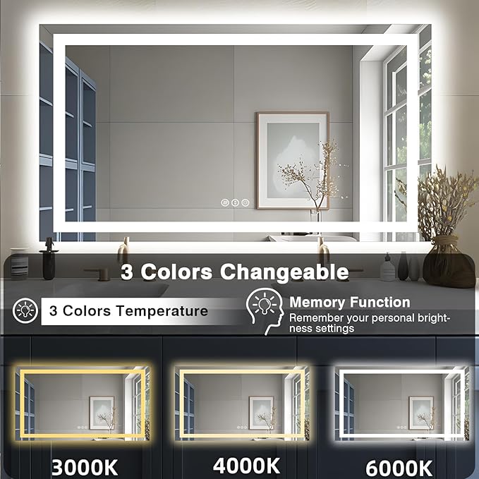 55"x30" LED Bathroom Mirror, Front & Backlit, Anti-Fog Vanity Mirror with Dimmable Lights, 3 Colors Smart Mirror (Horizontal/Vertical)