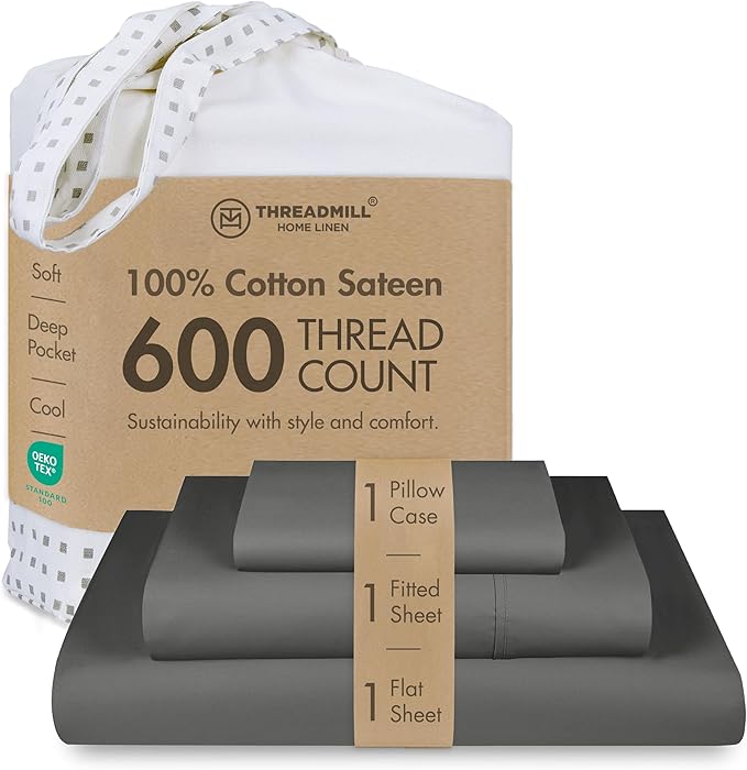Threadmill 100% Cotton Sheets for Twin XL Size Bed - 600 Thread Count Twin XL Bed Sheets Set with 15” Deep Pocket - Sateen Weave 3-Piece Bedding Set with Cooling Effect, Dark Grey