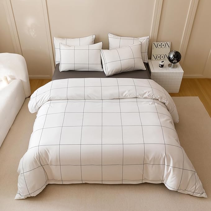 KAREVER White Grid Comforter Queen Women Black Square Lines Checkered Bedding Set Queen White Plaid Comforter Queen Size