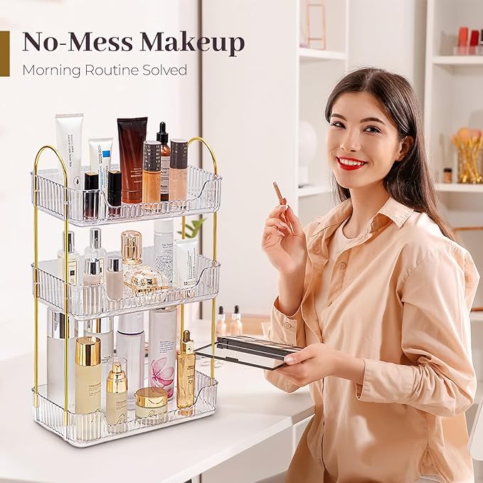 Aveniee Bathroom Counter Organizer, 3 Tier Perfume Skin Care Countertop Storage Shelf, Vanity Makeup Tray for Cosmetic Skincare Lotion,Clear