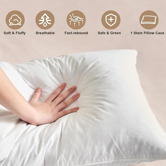 BHZ Satin Goose Down Feather Pillows King Size with White Satin Pillowcase for Hair and Skin, Cooling Pillow Cases Similar to Silk Pillow Cases, Decorative for Women, Mom Men