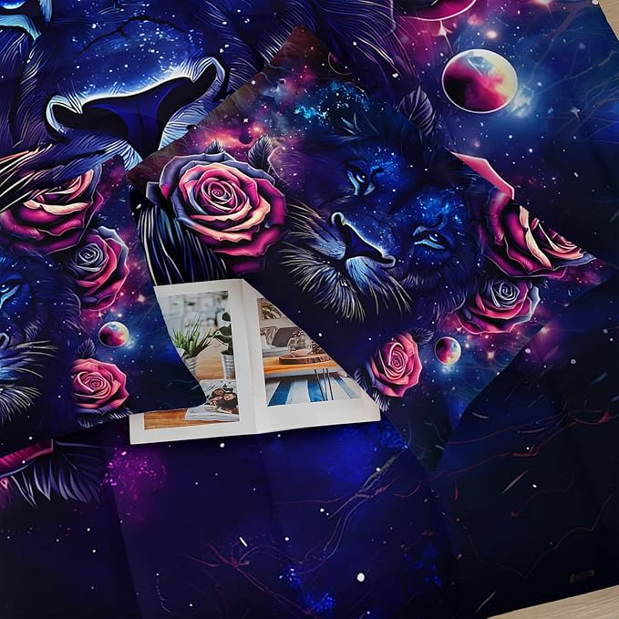 Black and Red Galaxy Roses Lion Comforter Set Queen Size，Queen Size Bedding Set Animal Print，Jungle Animal Bedroom Decor，with 1 Comforter with 2 Pillow Case